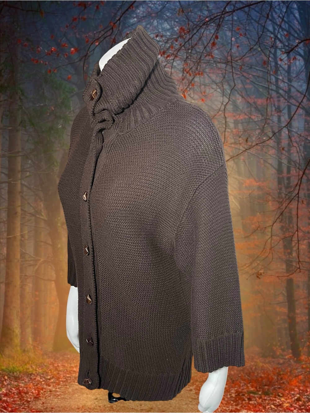 Lauren Ralph Lauren Chocolate Brown Cowl Neck Button Front Cardigan Sweater Sm - Picture 3 of 13